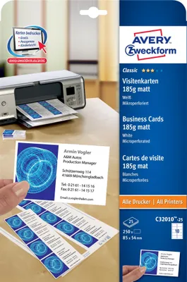A package of Avery Zweckform business cards is shown, with a printer in the background and a hand holding a sample card.