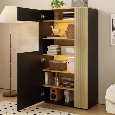Image de OKWISH Armoire De Rangement Moderne Avec Éclairage LED 16 Couleurs Et Étagères Réglables - 80x40x146 cm - Naturel+Noir