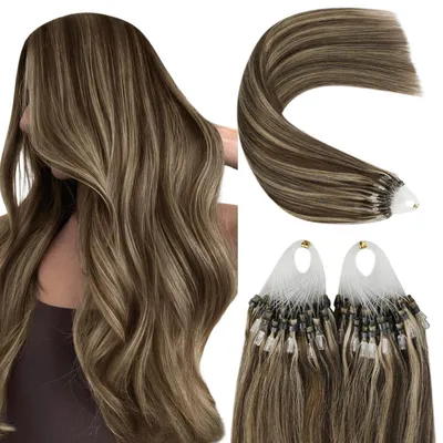 Obrázek produktu pro Microringové prodlužování vlasů, přírodní vlasy, tmavě hnědé s blond melírem, délka 45 cm, 50 pramenů, hmotnost 50 g