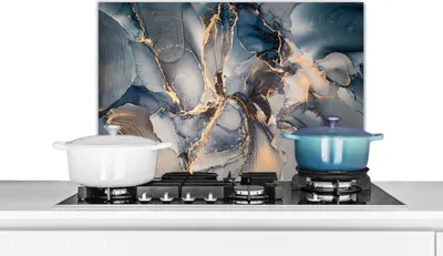 Produktbild von KitchenYeah®  Spritzschutz Küche - Küchenrückwand - Wandschutz für Herd und Spüle - Marmor - Grau - Blau - Luxus - Gold 60x40 - Alu-Dibond (Alternative zum Spritzschutz aus Glas) - Hitzebeständig - He