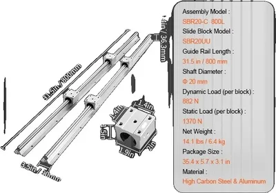 Zdjęcie produktu dla Zestaw prowadnic liniowych VEVOR, wysoka nośność, trwała konstrukcja z aluminium i stali, SBR20 800MM