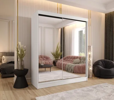 Produktbild von Schwebetürenschrank 2-türig 160x205x58 cm Weiß mit 2 Spiegeln – Moderner Kleiderschrank für Schlafzimmer und Flur