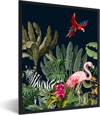 Produktbild von MuchoWow® Gerahmtes Poster Dschungel - Pflanzen - Tiere - Kinder - Flamingo - Zebra 30x40 cm - Poster mit Schwarzem Bilderrahmen Wandposter Rahmen Foto Bilder - Wanddeko - Kunstdrucke