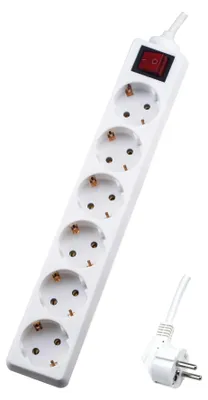Obrázek produktu pro Stolní rozvodná skříňka SKYLAND, 6 vývodů, přívodní kabel 1,4 m, 3×1 mm², otočená o 45°, s vypínačem, bílá, 1 ks.