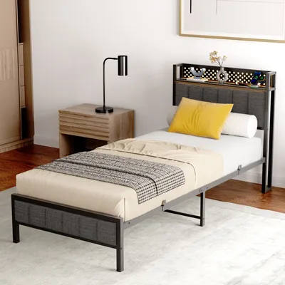 Produktbild von MODFU Metallbett Jugendbetten 90×200 mit LED,Bettrahmen mit Gepolstertes Kopfteil,Bettgestell mit Lattenrost und Steckdose,ohne Matratze,Schwarz