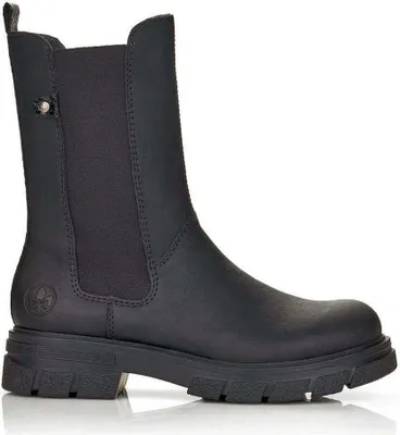 A black Rieker Chelsea boot is shown against a white background.
