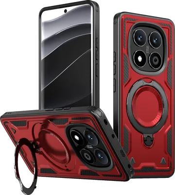 Produktbild von Dual Layer Hülle für Xiaomi Redmi Note 14 Pro Metall Ring Ständer Magnetisch Stoßfest Militär Handyhülle Rot