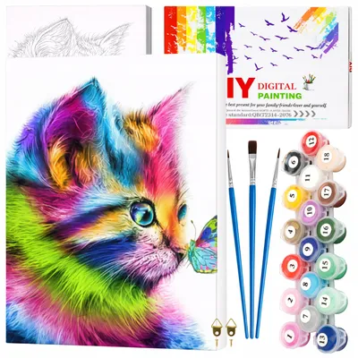 Image de EDIBAZZAR | Peinture par numéros avec cadre, toile de 40 x 50 cm : chaton coloré avec un papillon