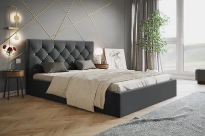 Produktbild von Polsterbett mit Bettkasten 200x200 Molly - Metall-Lattenrost, Schlafzimmerbett - Designer-Bett, Velour-Stoff Dunkelgrau