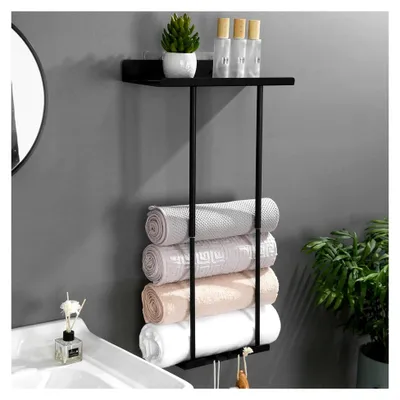 Produktbild von Handtuchregal ohne Bohren für das Badezimmer, Edelstahl Schwarz, stabiler Handtuchhalter, Handtuchaufbewahrung für das Bad, ausziehbarer Handtuchhalter für Gäste-WC, Handtuchablage mit Ablagehaken