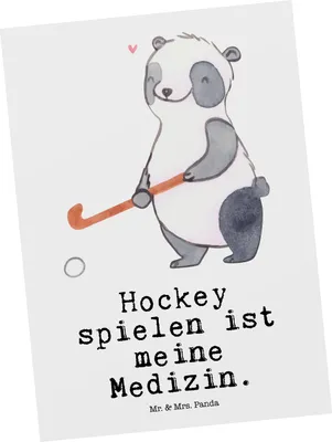 Produktbild von Mr. & Mrs. Panda Postkarte Panda Hockey spielen - Weiß - Geschenk, Verein, Ansichtskarten, Fotokarte, Feldhockey, Hockeyschläger, bildkarte, Postkarten, Grußkarte