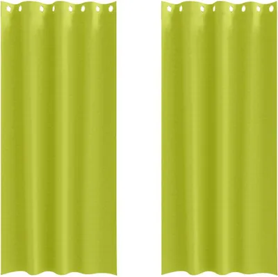 Two green curtains are shown side-by-side against a white background.