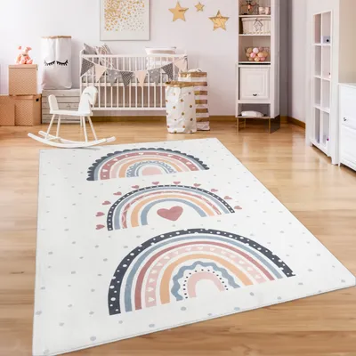 Produktbild von Teppich Kinderzimmer Kinderteppich Kurzflor Rutschfest Herzen Sonne Regenbogen Grösse 200x280 cm