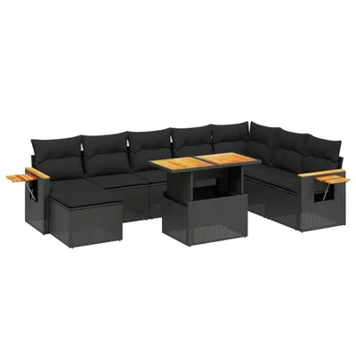 Produktbild von 9-tlg. Modulares Gartenmöbel-Set, Poly Rattan Schwarz, mit höhenverstellbarem Tisch & Akazienholz-Armlehnen, inkl. Kissen mit waschbaren Bezügen