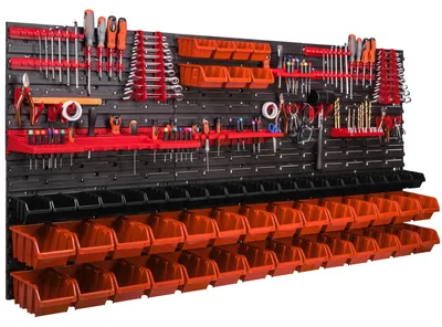 Zdjęcie produktu dla Półka narzędziowa - panel narzędziowy - 172 x 78 cm - 57 przegródek do przechowywania - montaż na ścianie - do warsztatu i garażu