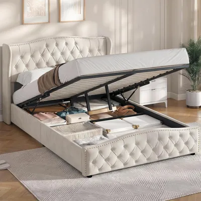 Immagine prodotto di Letto imbottito 140x200 cm con contenitore, rivestito in velluto, color beige, senza materasso
