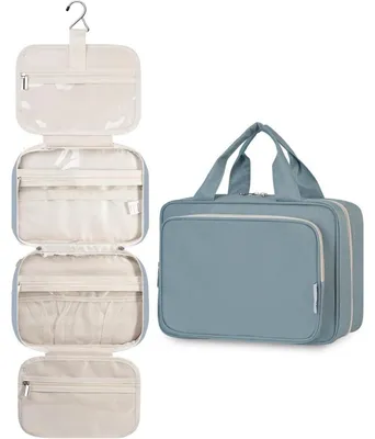 Productafbeelding van Opbergtas voor dames, geschikt om op te hangen. Grote waszak/cosmetics tas in grijs-blauw