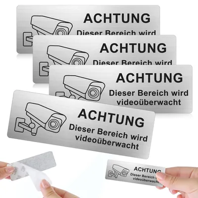 Immagine prodotto di TRANKIELO® - Set di 4 cartelli di videosorveglianza - Alluminio autoadesivo - Resistente agli agenti atmosferici - 85 mm x 30 mm - Protezione della privacy