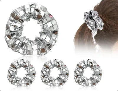 Produktbild von 3 silberne Pailletten-Haargummis für Pferdeschwänze, elastischer Haarschmuck für Damen und Mädchen bei Disco, Karneval, Mottopartys und Geburtstagen