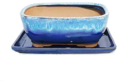 Produktbild von Bonsai-Schale mit Unterteller Gr. 3 Blau-Beige rechteckig Modell GB5 L 21,5cm B 17cm H 8 cm