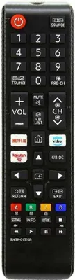 A black remote control with various buttons and labels.