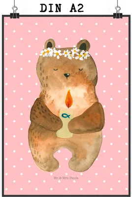 Produktbild von Mr. & Mrs. Panda Bild Bär Kommunion DIN A2 - Rot Pastell - Geschenk, wanddeko, Taufkerze, drucke, Plakat, Teddy, Kunstdruck, Katholisch, Wandbild, Gottes Segen