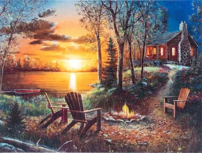 Produktbild von Diamantmalerei: Haus am See am Lagerfeuer – 30 x 40 cm