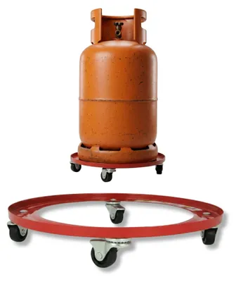Imagen del producto de Amig: Soporte para botellas de butano – Carro de transporte con 4 ruedas giratorias para botellas de gas y ollas – Estable y fácil de mover – Ø 31 cm, máx. 30 kg – Acero aleado – Naranja