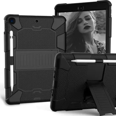 Produktbild von Mobigear ShieldStand iPad 7 (2019) Schutzhülle, Kunststoff, Silikon, Rückseite mit Stifthalter und Standfuß - Schwarz