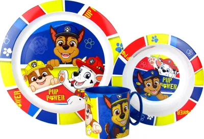 Produktbild von 3 teiliges Kinder-Geschirrset Frühstücks-Set Essteller Müslischale Trinkbecher Kunststoff BPA-frei (Paw-Blau)