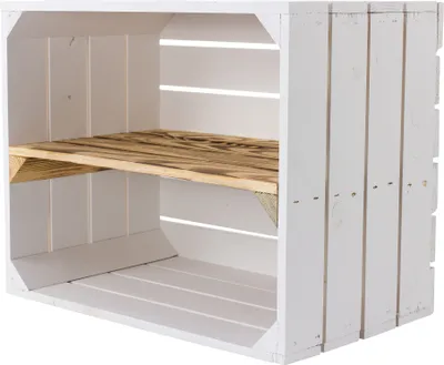 A white wooden crate with a wooden shelf inside, shown against a white background.