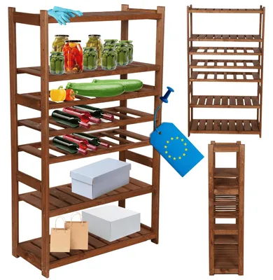 Produktbild von MODO24 Kombiregal Holz, 4 Fachböden, 3 Flaschenablagen, Standregal, Haushaltsregal, Vorratsregal, Massivholz Kiefer, 124,2x70x33 cm, Braun, LSR