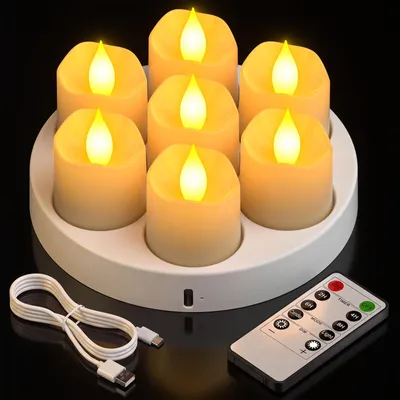 7er LED-Teelichtset, wiederaufladbar, mit Fernbedienung, Timer, warmweiß