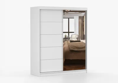 Produktbild von Schwebetürenschrank NO-BIS 05 160 cm Weiß mit Spiegel & Zierleisten, Kleiderschrank 2-türig, Schiebetürenschrank Garderobe