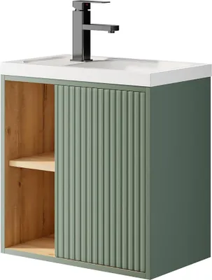 Produktbild von Waschtisch mit Unterschrank hängend 50,5cm,Waschtisch kleine, Grün | Waschbecken mit Wasserhahn, Waschtischunterschrank, Waschplatz ausreichend Stauraum,Badmöbel Set für Badezimmer/Gäste-WC