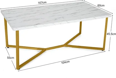 Image de COSTWAY Table basse rectangulaire, Table d'appoint pour canapé avec plateau en marbre artificiel & pieds dorés en forme de Y & soucoupes réglables, Table de salon moderne Table de cocktail 107 x 60x 45,5 cm