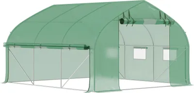 Produktbild von Tunnel-Gewächshaus - Garten-Gewächshaus - 347×300×200 cm - Rolltür - 6 Fenster - PE-Folie 140 g/m² - Verzinkter Stahlrahmen - Wasserdicht - Grün