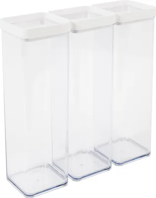 Three clear plastic food storage containers with white lids are arranged diagonally on a white background.