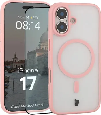 Produktbild von Schutzhülle mit Magnetring + gehärtetem Glas für iPhone 17, Bizon MatteO Pack, Getönt-Hellrosa