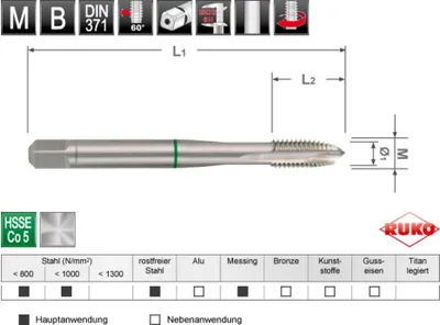 Immagine prodotto di Maschiatrice RUKO M DIN 376 HSSE-Co 5 con gambo rinforzato, forma B, M 12 - 2325120E