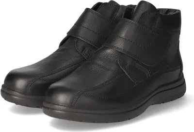 A pair of black leather Jomos men's ankle boots with velcro straps, presented on a white background.