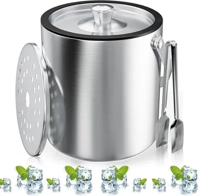 Produktbild von Eiswürfelbehälter - Rund - Mit Sieb und Eiskelle - 2-Liter-Eiswürfelbehälter - Wiederverwendbarer Eiswürfelbehälter aus Edelstahl - Eiswürfelkühler - Für Partys
