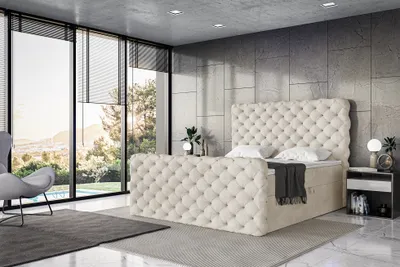 Produktbild von MEBLINI Boxspringbett mit Bettkasten - Gepolstert Doppelbett mit Matratze und Topper - Polsterbett mit Stauraum - Bett mit Kopfteil - Stauraumbett - DUKE - 180x200 - H4/Creme Samt