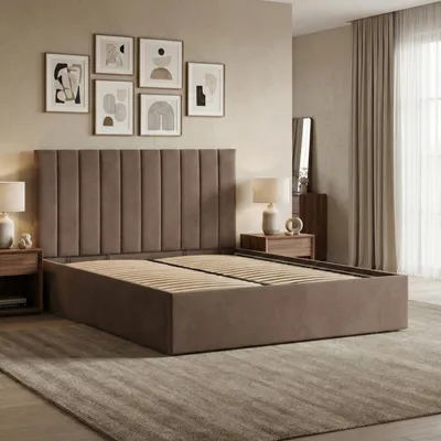 Produktbild von Modernes Polsterbett POLLA 140x200 mit Holzlattenrost – Doppelbett ohne Bettkasten, zeitloses Design Braun Samt