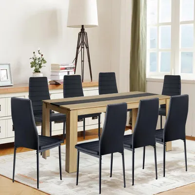 Image de Ensemble de salle à manger pour 8 personnes, en chêne noir, comprenant une table de 160 cm et 8 chaises en similicuir avec dossier haut