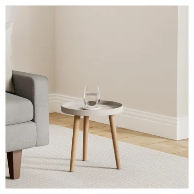 Produktbild von Beistelltisch aus Holz 40 x 39 cm - weiß - Couchtisch mit Massivholzbeinen - runder Tisch für Sofa, Blumen oder Telefon