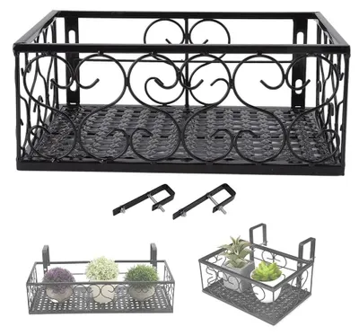 Image de Étagère noire pour plantes - Support pour pots de fleurs - Support en fer pour plantes - Support de balcon - Étagère décorative pour balustrade - 30x20x12 cm