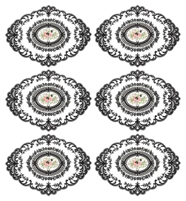 6er-Set Retro Platzsets, bestickt, oval, 42x31 cm, schwarz