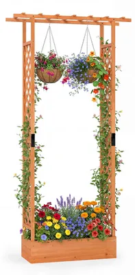 Produktbild von KOMFOTTEU Hochbeet mit seitlichem Spalier & hängendem Dach, Blumenkasten aus Fichtenholz mit Ablauflöchern, freistehender Pflanzkasten für hängende Körbe, Pflanzkübel für Kletterpflanzen, Weinreben & Gemüse