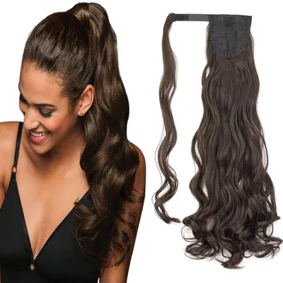 Produktbild von Clip in Ponytail Extensions Pferdeschwanz Haarteil 60cm Mittelbraun Gewellt